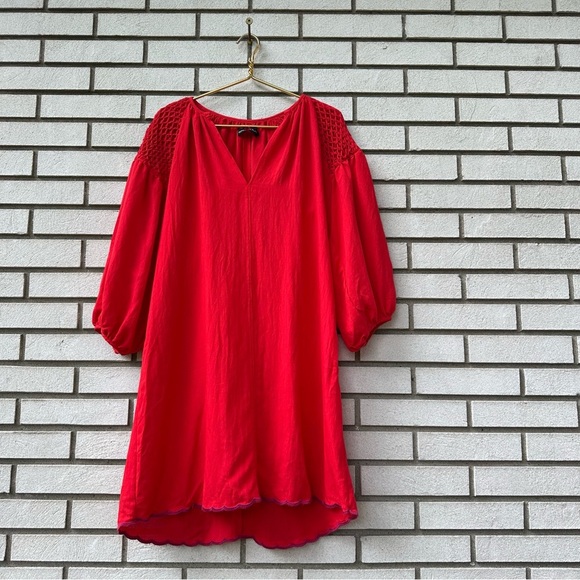 Pomander Place Parker Dress Poppy Red Puff Sleeve Smocked Cotton Blend - Picture 2 of 13